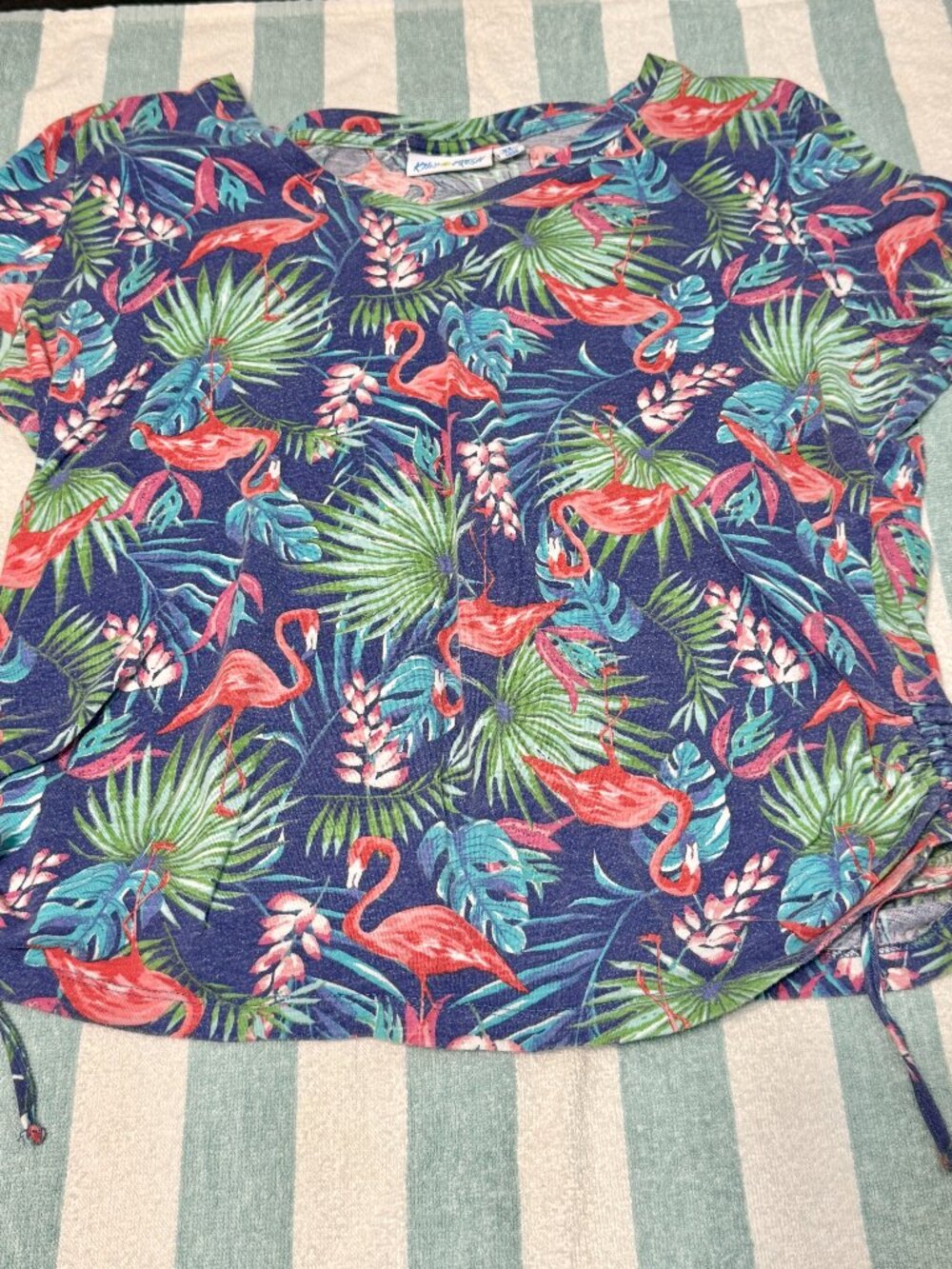 Kiwi Fresh - Tropical Flamingo Print Blouse - Cap Sleeve - Size: XL